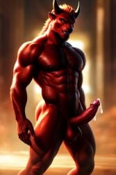 ai_generated balls cock cum dark_red erect horns male muscular naked solo