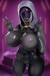 1girls 3d alien big_breasts bodysuit breasts female huge_breasts latex mass_effect nipple_piercing nipples quarian shadowboxer skin_tight solo tali'zorah_nar_rayya translucent_clothing