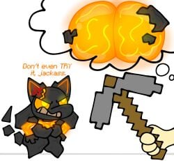 angry anthro black_body crossover daydream elemental_creature female fire fire_creature generation_4_pokemon hi_res lava lava_creature microsoft minecraft mineral_fauna mojang nintendo orange_eyes pickaxe pokemon pokemon_(species) riolu rock rock_creature roxi_(skeletonhearts) short_stack skeletonhearts solo thought_bubble xbox_game_studios