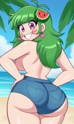 ai_generated ass ass_focus back_view backboob beach big_ass big_breasts booty_shorts green_hair hands_on_hips happy long_hair looking_at_viewer nude pink_eyes smile vannamelon vannamelon_(copyright) vtuber watermelon youtuber