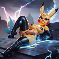 ai_generated balls elbow_gloves futanari high_heel_boots high_heels latex lightning lying_on_back penis pikachu pokemon raining thighhighs thunderstorm wet