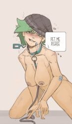 1girls beanie blush collar drunk embarrassed embarrassed_nude_female femsub green_hair kneeling nude nude_female ollie_(potlucksoup) potlucksoup solo submissive