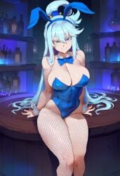 1girls ai_generated aksn aqua_(konosuba) bare_arms bare_shoulders big_breasts blue_eyes blue_hair blush bunny_ears bunnysuit clothed clothing color female female_focus female_only fishnets hi_res kono_subarashii_sekai_ni_shukufuku_wo! large_breasts light-skinned_female light_skin long_hair looking_at_viewer no_bra solo solo_female thick_thighs