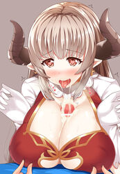 1boy alicia_(granblue_fantasy) blush breasts brown_hair censored cleavage cleavage_cutout covered_nipples cross cum cum_in_mouth cum_on_breasts demon_girl draph dress earrings erect_nipples female gloves granblue_fantasy hair heart-shaped_pupils horns huge_breasts large_breasts long_hair nipple_tweak oga_raito open_mouth paizuri paizuri_under_clothes penis pointy_ears red_eyes silver_hair simple_background solo_focus straight succubus symbol-shaped_pupils tongue tongue_out white_gloves