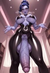 ai_generated bra cum cum_on_breasts cum_on_face futa_focus futa_only futanari huge_ass huge_breast huge_butt latex latex_suit overwatch widowmaker