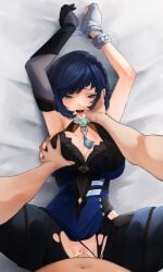 ahe_gao boob_grab clothed_sex commission cum_in_pussy finger_in_mouth genshin_impact kiru tied_up torn_clothing yelan_(genshin_impact)