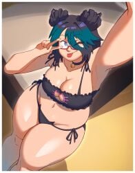 1girls 2024 absurd_res blue_eyes bra breasts cat_lingerie choker curvy curvy_figure female female_focus glasses hips hourglass_figure mralguienynadie panties peace_sign selfie solo solo_female solo_focus thighs tongue_out two_tone_hair underwear wink