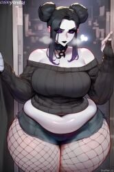 ass_bigger_than_torso belly_overhang bioluminescent_purple_eyes black_denim_jean_shorts black_eyeshadow black_fishnet_pantyhose black_hair black_high_heels, black_nails black_off_shoulder_sweater bottom_heavy chubby_fat_waist chubby_muffintop cordelia deep_navel edgy extremely_wide_hips fat_fupa female goth goth_girl hair_over_one_eye hips_wider_than_shoulders huge_breasts huge_thighs, hyper_ass japanese_female no_bra no_panties plush_black_lips short_hair soft_plump_flabby_belly spiked_collar super_pale_white_skin tall_female thick_lovehandles, twin_buns very_thick_belly_rolls young_mommy_milf