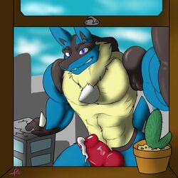 1boy animal_genitalia anthro anthrofied blue_eyes canine cum dripping grin highres knot kotetsu_rexen lionel looking_at_viewer lucario macro male male_only mammal muscles nintendo nude penis pokemon pokemon_(species) pokemorph sheath solo