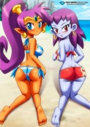 2girls ass barefoot bbmbbf beach bikini blush bra breasts diamond_level feet female female_only looking_at_viewer multiple_girls open_mouth palcomix pietros_secret_club risky_boots shantae shantae_(character) tongue