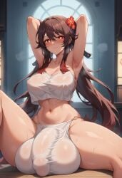 2futas ai_generated arms_up balls_bigger_than_penis balls_under_clothes big_balls big_breasts big_penis big_testicles blush brown_hair bulge civitai collarbone day flaccid flaccid_penis futa_only futanari gigantic_testicles hair_between_eyes hu_tao_(genshin_impact) huge_balls huge_bulge huge_testicles indoors long_hair mizuiro01 mouth_closed navel penis_under_clothes sitting testicles twintails twintails_(hairstyle) underwear