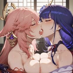 2girls ai_generated alyxia breasts female_only genshin_impact guuji_yae kissing large_breasts raiden_shogun symmetrical_docking tagme tongue_kiss yae_miko yuri