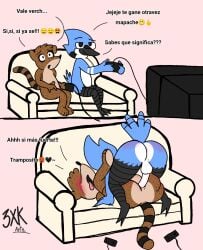 2anthro 2boys 2guys anal_sex ass background big_ass cartoon_network comic furry mordecai mordecai_(regular_show) playing_videogame regular_show rigby rigby_(regular_show) spanking speaking video_game