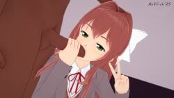 1boy 1girls 3d blowjob bow brown_hair dark-skinned_male dark_penis dark_skin doki_doki_literature_club erection fellatio green_eyes hand_on_another's_head handjob handjob_while_sucking hellfish interracial kneeling koikatsu looking_at_viewer monika_(doki_doki_literature_club) nude_male_clothed_female open_clothes open_jacket peace_sign penis school_uniform simple_background