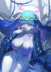 1girl colored_skin first_porn_of_character highres large_breasts lorelei_(wuthering_waves) naked open_mouth tagme thick_thighs tongue veil wuthering_waves