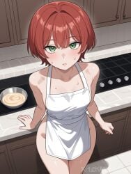 12kaneda12 ai_generated apron apron_only green_eyes imminent_sex kitchen looking_at_viewer red_hair small_breasts small_waist sweating watermark wide_hips