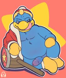 1boy 2016 anthro avian beak blue_eyes bottomless clothed clothing flat_colors half-closed_eyes half-erect hammer headgear hi_res king_dedede kirby_(series) leaning_on_elbow licking licking_lips long_foreskin male male_only melee_weapon moobs mostly_nude naughty_face nintendo overweight penis pinup pose puggy rape_face reclining signature simple_background solo tongue tongue_out tools uncut video_games war_hammer weapon