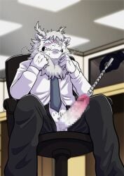 ao_lie blush bodily_fluids business_suit chair clenched_teeth clothing dragon eastern_dragon erection fei_ren_zai_(non_human) foreskin furniture genitals hi_res humanoid_genitalia male mythological_creature mythological_scalie mythology necktie office office_chair on_chair penis scalie scared_face secretly_loves_it solo sounding_rod suit tears teeth unbuttoned_pants urethral yokunaiplay