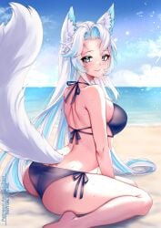 beach big_ass big_breasts bikini fox_girl smugalana sweat sweatdrop vtuber