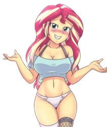 1girls 2025 almost_naked blush cleavage curvaceous deviantart_link equestria_girls female fishnet_legwear fishnets friendship_is_magic functionally_nude green_eyes hasbro hourglass_figure legwear looking_at_viewer midriff my_little_pony panties partially_clothed red_and_yellow_hair simple_background skimpy skimpy_clothes solo sumin6301 sunset_shimmer topwear two_tone_hair white_background white_panties yellow_body yellow_skin