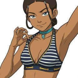 ai_generated avatar_the_last_airbender bikini blue_eyes brown_hair cleavage dark_skin hair_loopies halterneck lifting_own_clothes looking_at_viewer necklace small_breasts smirk smirking smirking_at_viewer standing swimsuit teasing teen teenage_girl teenager