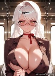 1boy 1girl 2026 ai_generated anime bangs black-framed_eyewear blush boobs breast_grab breasts brown_shirt choker cleavage closed_mouth collarbone collared_shirt covered_nipples crossover female female_focus flushed glasses grabbing guided_breast_grab guiding_hand hair_accessory hair_ornament hairclip hetero highres hoyoverse huge_breasts large_breasts long_hair long_sleeves looking_down male mihoyo neutral_expression no_bra nsfw open_clothes open_shirt patreon patreon_username pov red_choker ribbon ribbon_choker rognezart semi-rimless_eyewear shiny shirt solo solo_focus straight swept_bangs train_interior under-rim_eyewear upper_body very_long_hair white_hair yellow_eyes yixuan_(zenless_zone_zero) zenless_zone_zero
