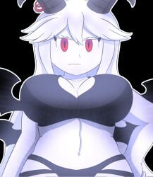 1girls 2020s 2026 alternate_version_at_source alternate_version_available bat_wings big_breasts bikini black_bikini black_bra bra breasts demon demon_girl eyelashes female female_only funamusea glowing horn_piercing horned_humanoid horns long_hair looking_at_viewer red_eyes reficul render solo the_gray_garden white_body white_hair white_outline white_skin wings