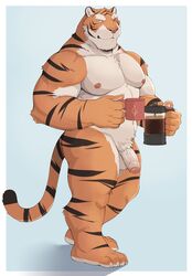 adios barefoot beverage coffee feline food looking_at_viewer male male_only mammal manly muscular muscular_male nude pecs penis solo stocky tiger uncut