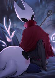1boy 1girl absurdres arthropod_boy arthropod_girl black_skin blush cave clitoral_hood cloak colored_skin commentary cowgirl_position genderswap genderswap_(otm) gu_deulmok hetero highres hollow_knight hornet_(hollow_knight) incest knight_(hollow_knight) needle_(hollow_knight) partial_humanization red_cloak squatting_cowgirl_position straddling untranslatable_commentary vaginal