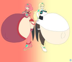 2girls 2pregnancy blonde blonde_hair blonde_hair_female dleagueman enjoying_pregnancy hyper_belly mythra mythra_(xenoblade) nintendo pregnant pregnant_belly pregnant_female pyra pyra_(xenoblade) red_eyes red_eyes_female red_hair red_hair_female xenoblade_(series) yellow_eyes yellow_eyes_female