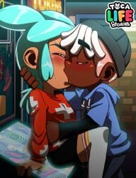 1boy 1boy1girl 1girl 2020s 2026 arcade arcade_machine beanie black_beanie black_eyebrows blue_hair blush blush_lines blushing closed_eyes clothed clothing dark-skinned_male dark_skin detailed detailed_background dreadlocks eyebrows eyes_closed fully_clothed hand_behind_head hand_on_waist hazardhead69 hetero kissing logo long_sleeves long_socks rita_(toca_boca) short_hair shorts silent-sid_1992 socks straight striped_socks sweat sweatdrop sweater tan_body tan_skin thick_eyebrows toca_life