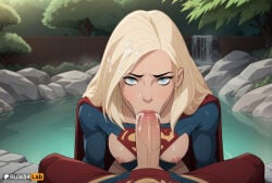 1boy 1boy1girl 1girls ai_generated blonde_hair blowjob_focus blue_eyes blush breasts breasts_out cape cum cum_in_mouth cum_on_hair dc dc_comics erection facial fellatio female hetero hi_res kara_danvers kara_zor-el legion_of_superheroes lips long_hair looking_at_viewer medium_breasts nipples oral outdoors penis pov red_cape rule34lab solo_focus supergirl superhero superman_(series) tomorrowverse tree uncensored veins veiny_penis water