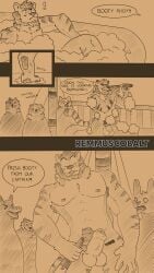 abs absurd_res anthro barazoku caught chest_tuft comic embarrassed exposed felid foreskin genitals group hi_res humiliation larger_male male male/male mammal muscular muscular_male nude pantherine penis pubes remmus_cobalt size_difference soap_bubbles tiger tuft