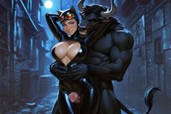 ai_generated alley bakedcookie batman_(series) black_bodysuit bodysuit breasts catwoman cleavage cleavage_cutout dc_comics goggles goggles_on_head highres horse_penis horsecock hug hug_from_behind large_breasts minotaur moon moonlight night outdoors partially_unzipped selina_kyle skintight_bodysuit smile standing street thigh_sex uncensored