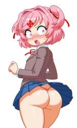 1girls ass ass_focus doki_doki_literature_club embarrassed from_behind looking_back natsuki_(doki_doki_literature_club) panties pantyshot rear_view self_upload simple_background skirt solo tagme thong unepicroachy upskirt white_background