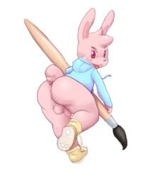 1boy alpha_channel anthro anus ass backsack balls blush bottomless clothed clothing erection holding_object hoodie humanoid_penis inkbunny lagomorph lambent looking_at_viewer looking_back male male_only mammal mascot naughty_face paintbrush penis rabbit rear_view running simple_background solo transparent_background