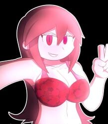 1girls 2020s 2026 alternate_version_at_source alternate_version_available big_breasts bra breasts brown_hair dj_met eyelashes female female_only funamusea glowing grin light-skinned_female light_skin lingerie_bra long_hair looking_at_viewer obsolete_dream peace_sign red_eyes red_lingerie solo tagme white_outline