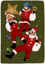 3boys androgynous bell blonde_hair blue_hair boots christmas colored_skin dark_skin dress dynamic_pose floating fur_trim gift gift_bag gloves green_background group_picture hat hayami_mahha inazuma_eleven inazuma_eleven_(series) kazemaru_ichirouta looking_at_viewer miyasaka_ryou multiple_boys open_mouth santa_costume santa_dress santa_hat scarf simple_background smile star_(symbol) tomo_(sjim) trap white_hair white_skin