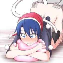 1boy 1girls ass_grab blue_eyes blue_hair blush bottomless clothing doremy_sweet female hand_on_ass hat hugging_pillow implied_sex kuroba_rapid light-skinned_female male nightcap partially_clothed pillow pillow_grab pom_pom_(clothes) sex short_hair straight sweat tail touhou white_background