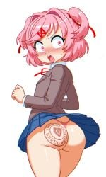 1girls ass ass_focus bleached doki_doki_literature_club edit embarrassed from_behind looking_back natsuki_(doki_doki_literature_club) panties pantyshot queen_of_hearts rear_view self_upload simple_background skirt solo tagme tattoo thong unepicroachy upskirt variant_set white_background