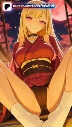 1girl 1girls 2026 ai_generated artist_name blonde_hair choker cloud cloudy_sky crescent_moon earrings electroworld full_moon hi_res high_quality high_resolution highres japanese_clothes kimono kitagawa_marin legs_apart legs_spread long_hair looking_at_viewer moon moonlight night night_sky obi open_legs orange_sky patreon patreon_username red_kimono red_moon red_sky round_window sash sky smile solo sono_bisque_doll_wa_koi_wo_suru splayed_legs spread_legs stable_diffusion star_(sky) starry_sky sun sunset torii watermark window