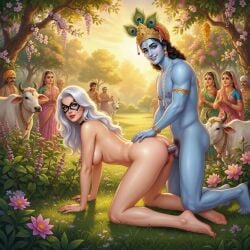 1boy1girl ai_generated black_cat_(marvel) black_hair blue_skin curvy doggy_position doggy_style doggy_style_sex doggystyle felicia_hardy forest forest_background forest_sex hindu_mythology hinduism hourglass_figure huge_ass huge_breasts huge_cock krishna looking_at_viewer marvel public_exposure public_nudity public_sex white white_hair white_skin