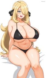 1girl :d absurdres artist_name bikini blonde_hair blush breasts collarbone commentary curvy cynthia_(pokemon) eclyart grey_eyes hair_ornament hair_over_one_eye highres huge_breasts long_hair looking_at_viewer milf navel open_mouth pokemon pokemon_dppt simple_background sitting smile solo swimsuit thighs white_background