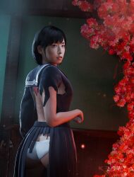 1girls 3d asian asian_female ass big_ass black_hair brown_eyes damaged_clothes female female_humiliation female_only hinako_shimizu keszza konami looking_at_viewer panties school_uniform schoolgirl silent_hill silent_hill_f skirt solo torn_clothes wardrobe_malfunction white_panties