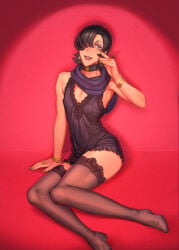 1boy bedroom_eyes black_hair buriburiri2 collar crossdressing crossdressing_(mtf) crossdressing_male drag_(fashion) drag_queen femboy hair lidded_eyes lingerie male seductive seductive_look solo stockings submissive submissive_male sultry_eyes thigh_highs thighhighs trap