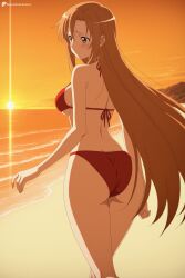1girl ai_generated ass beach bikini blush breasts brown_eyes brown_hair closed_mouth digitalwaifugallery from_behind halterneck hi_res high_quality high_resolution large_breasts long_hair looking_back medium_breasts ocean outdoors patreon red_bikini seductive sexy sideboob sky solo standing sun sunset swimsuit sword_art_online twitter_username uncensored very_long_hair watermark yuuki_asuna