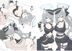 1boy 2girls absurdres alternate_costume animal_ear_fluff animal_ears arms_behind_back ayane_(blue_archive) ayane_(blue_archive)_(cosplay) ayane_(idol)_(blue_archive) belt black_choker black_gloves black_hair black_hat black_shorts blue_archive blue_eyes blue_halo breasts bright_pupils broken_halo choker cleavage closed_mouth collarbone commentary cosplay crop_top cross_hair_ornament fingerless_gloves girl_on_top gloves grey_hair hair_ornament halo hat headset hetero highres large_breasts long_hair looking_at_viewer medium_breasts mismatched_pupils multiple_girls nipples ponytail serika_(blue_archive) serika_(blue_archive)_(cosplay) serika_(idol)_(blue_archive) sex shiroko_(blue_archive) shiroko_terror_(blue_archive) shorts simple_background single_leg_pantyhose smile standing t1kosewad thighs untranslatable_commentary v vaginal white_background white_belt white_pupils wolf_ears