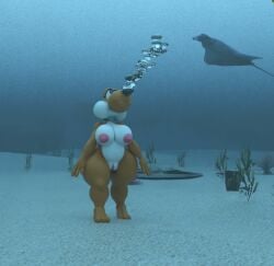 1girls 3d aquaphilia breasts bubbles female mario_(series) nintendo nude orange_yoshi original_character puffy_cheeks pussy solo underwater yoshi zantzusui