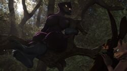2024 3d_(artwork) anthro avian bird bird_(petruz) black_body black_feathers branch breasts brown_body brown_fur buckteeth corvid corvus_(genus) crow digital_media_(artwork) feathers feet female forest_background fur glowing glowing_eyes green_eyes group hi_res hiding_behind_another lagomorph leporid light light_beam looking_down looking_down_at_another male mammal nofurynomad oscine outside passerine petruz_(copyright) plant rabbit rabbit_(petruz) scared sitting_on_branch size_difference source_filmmaker_(artwork) squirrel_(petruz) sunbeam sunlight surprised talon_hands talons teeth toes tree trio yellow_eyes