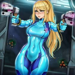 ai ai_assisted ai_generated blonde_female blonde_hair full_body_suit guns latex latex_clothing metroid metroid_(creature) prussia123 samus_aran sexy sexy_body sexy_clothing sexy_female solo solo_female zero_suit_samus